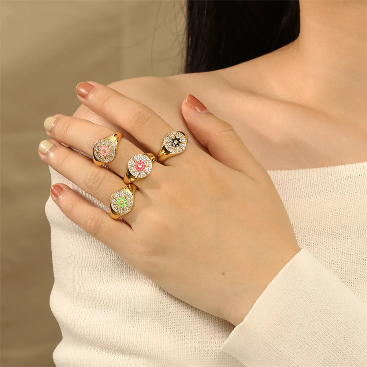 Simple Style Star Copper Enamel Plating Inlay Zircon 18k Gold Plated Open Rings