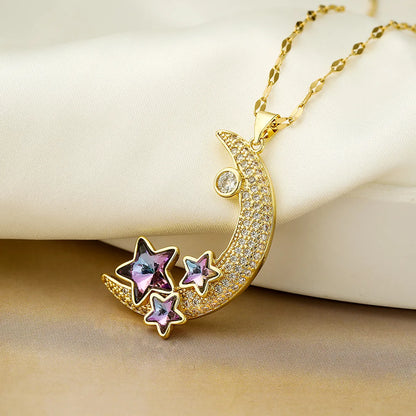 Simple Style Star Moon Copper 18k Gold Plated Zircon Pendant Necklace In Bulk