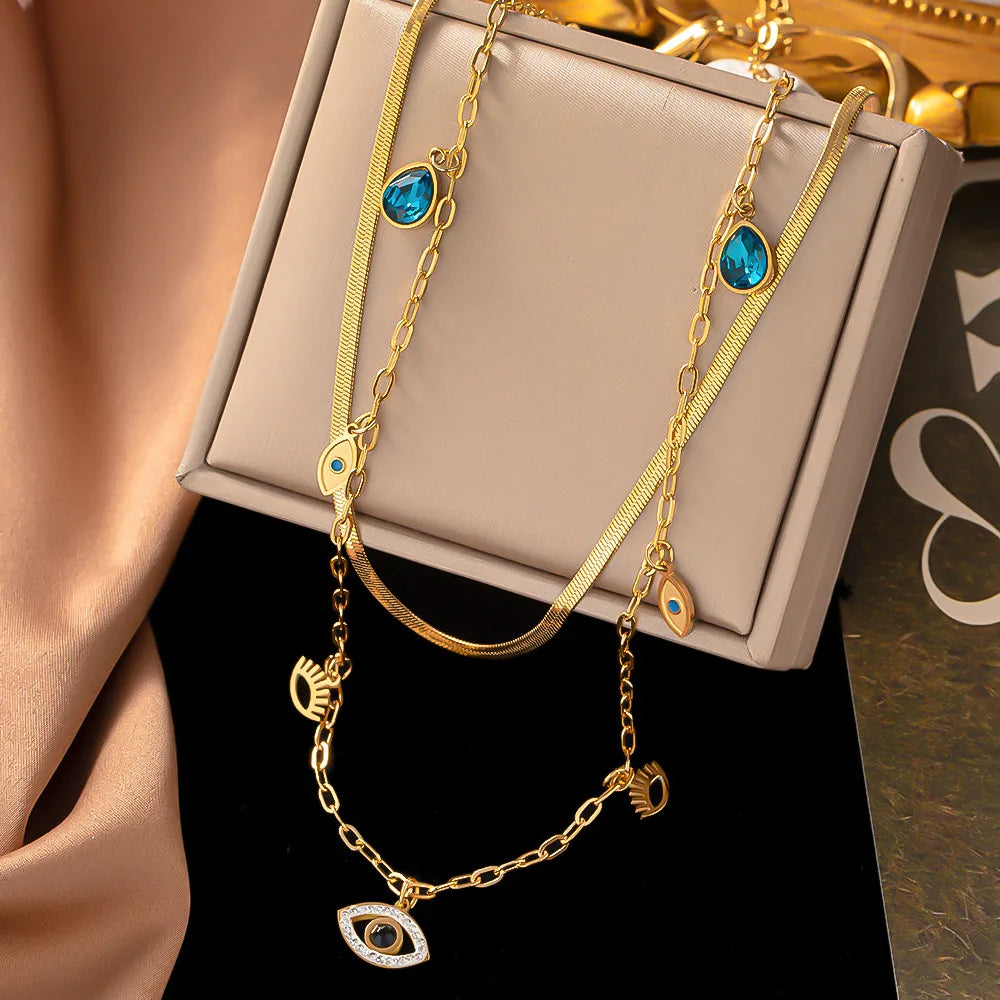 Simple Style Star Moon Eye Titanium Steel Plating Turquoise Layered Necklaces Pendant Necklace 1 Piece