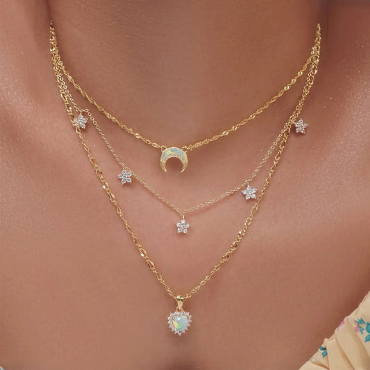 Simple Style Star Moon Heart Shape Crystal Rhinestones Alloy Wholesale Layered Necklaces Necklace