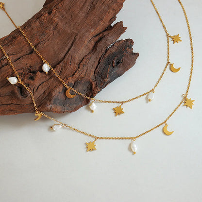 Simple Style Star Moon Titanium Steel Gold Plated Pearl Necklace