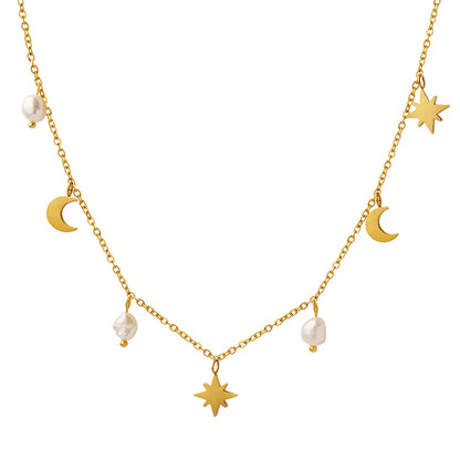 Simple Style Star Moon Titanium Steel Gold Plated Pearl Necklace