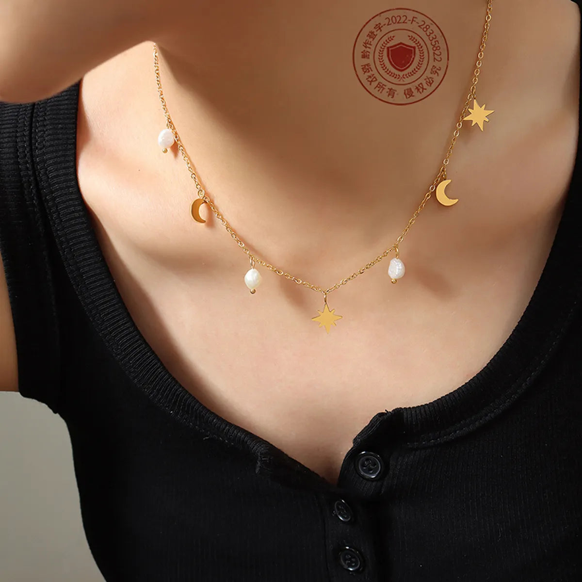 Simple Style Star Moon Titanium Steel Gold Plated Pearl Necklace