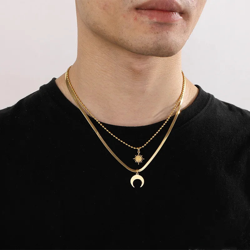 Simple Style Star Moon Titanium Steel Plating 18K Gold Plated Unisex Double Layer Necklaces