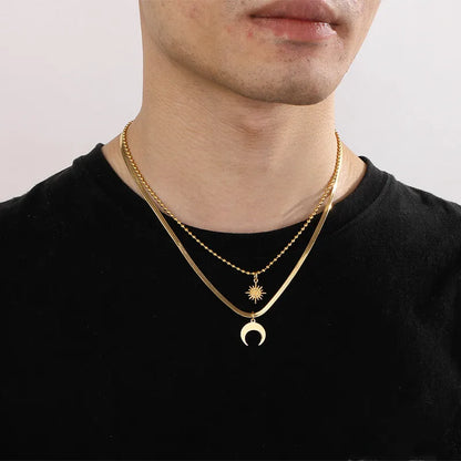 Simple Style Star Moon Titanium Steel Plating 18K Gold Plated Unisex Double Layer Necklaces