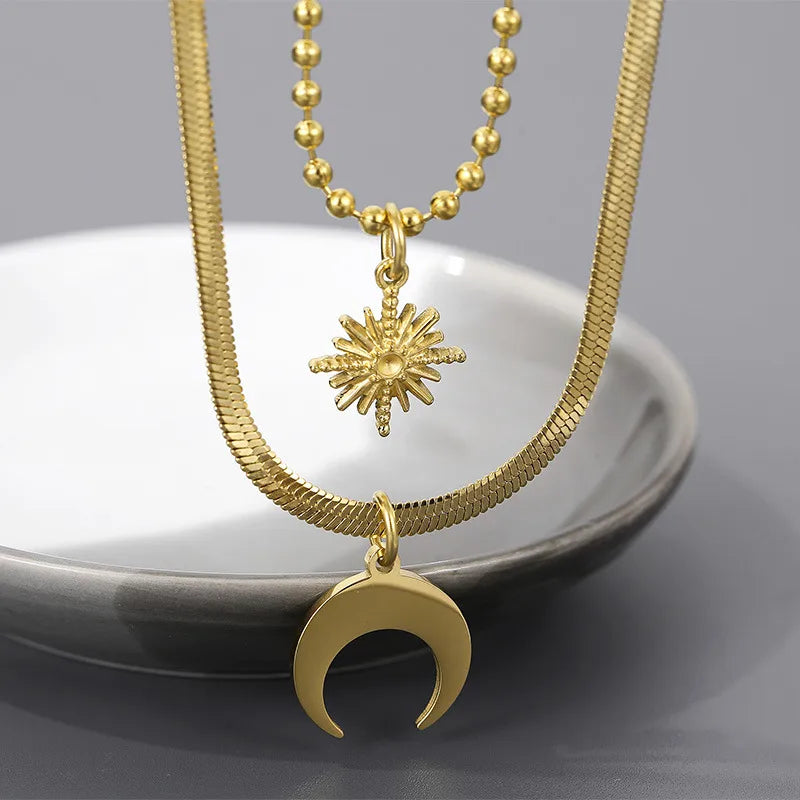 Simple Style Star Moon Titanium Steel Plating 18K Gold Plated Unisex Double Layer Necklaces