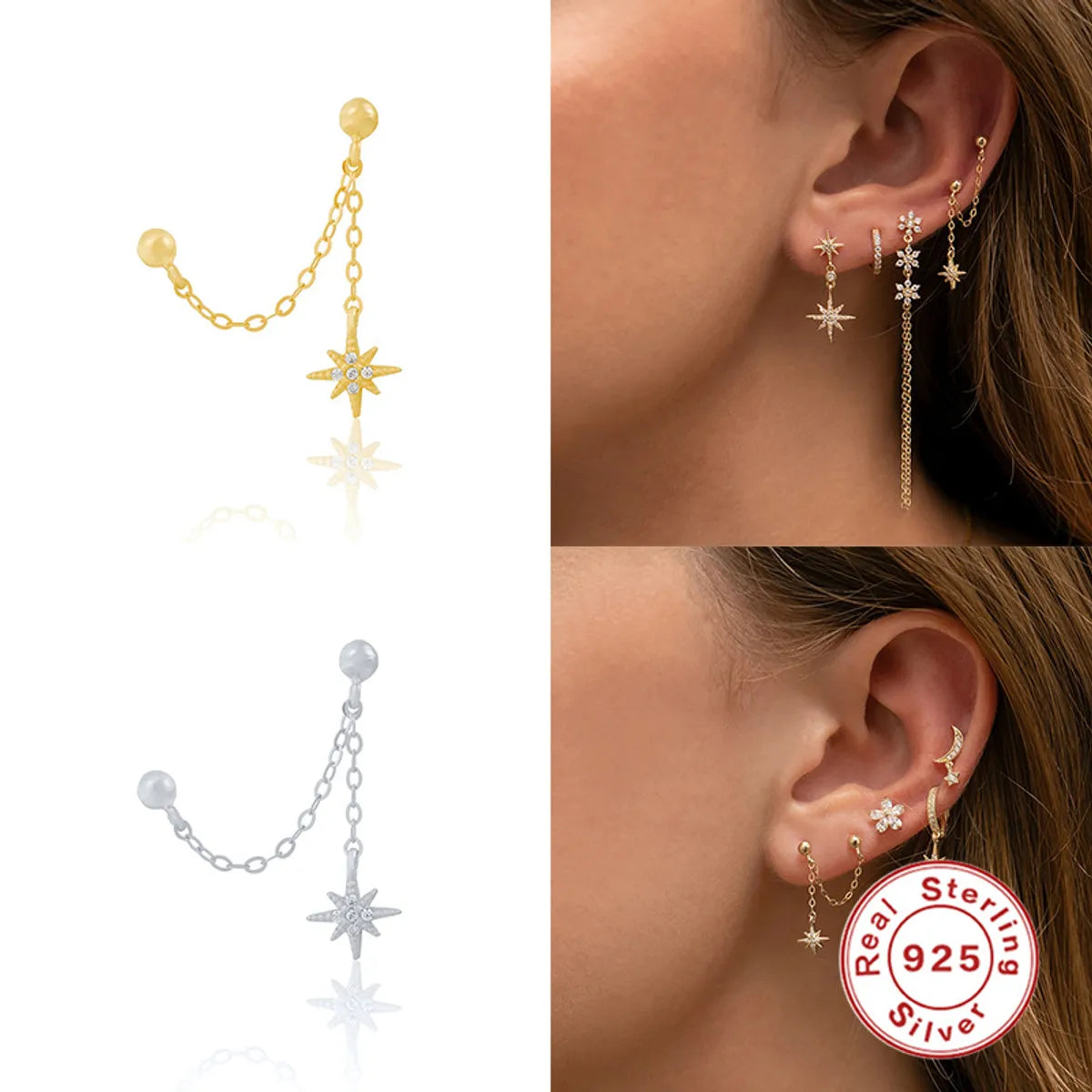 Simple Style Star Sterling Silver Zircon Drop Earrings 1 Piece