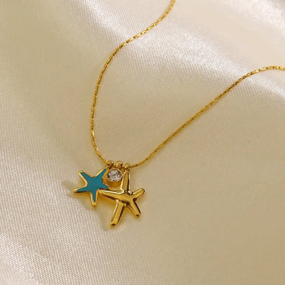 Simple Style Starfish Stainless Steel Titanium Steel Enamel Inlay Zircon Pendant Necklace