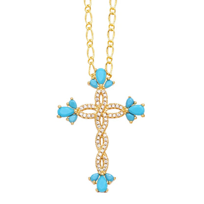 Simple Style Streetwear Cross Copper Plating Inlay Zircon 18k Gold Plated Pendant Necklace