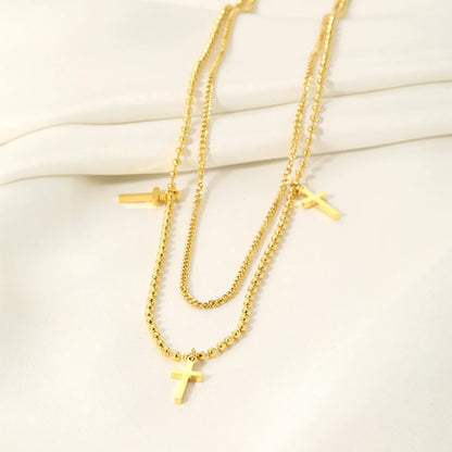 Simple Style Streetwear Cross Stainless Steel Plating 18k Gold Plated Double Layer Necklaces