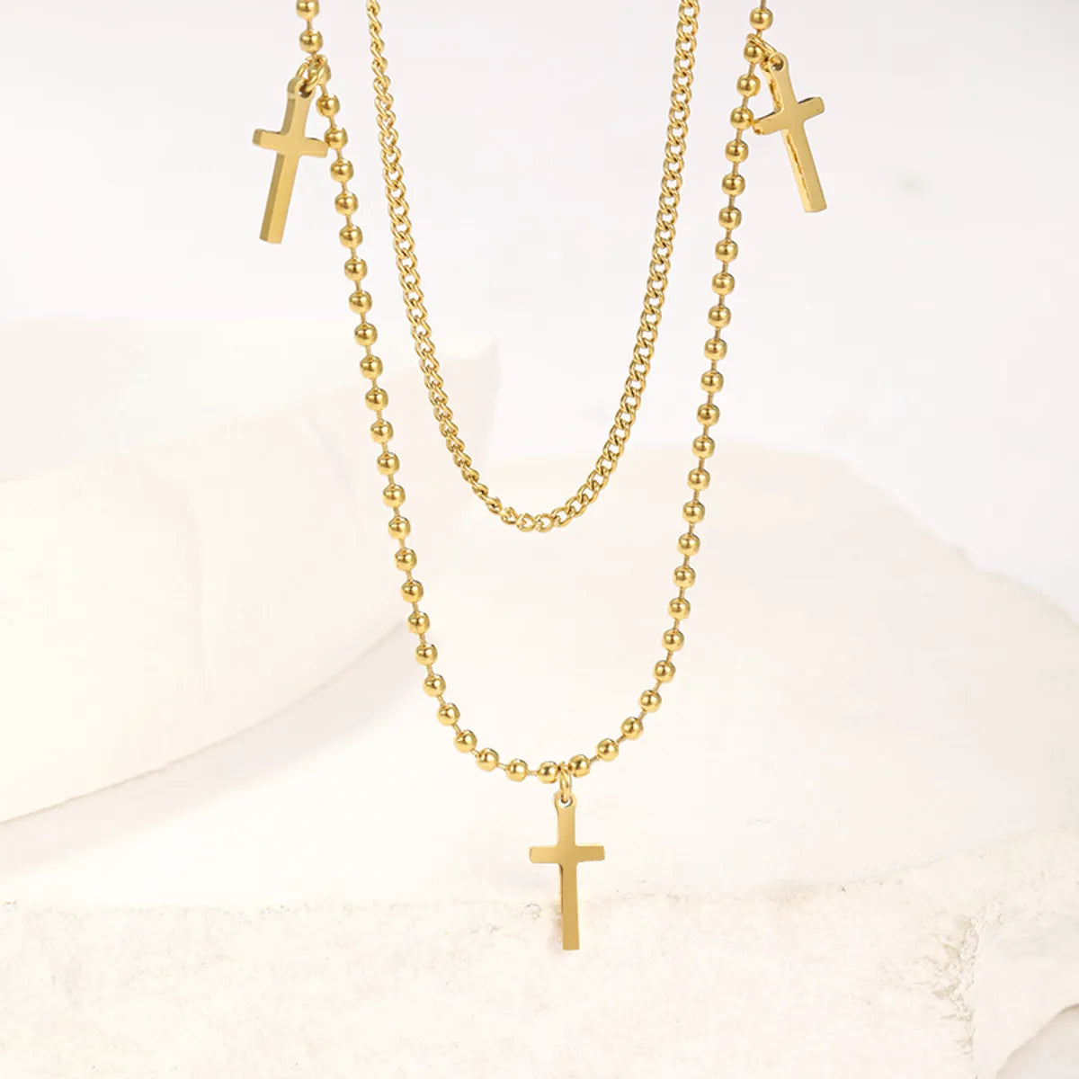 Simple Style Streetwear Cross Stainless Steel Plating 18k Gold Plated Double Layer Necklaces