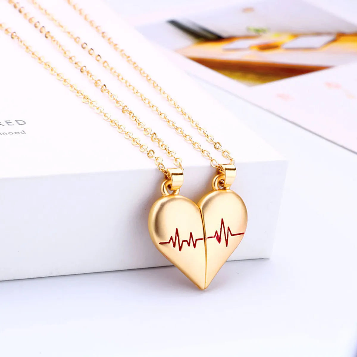 Simple Style Streetwear Electrocardiogram Heart Shape Alloy Plating Valentine'S Day Couple Pendant Necklace