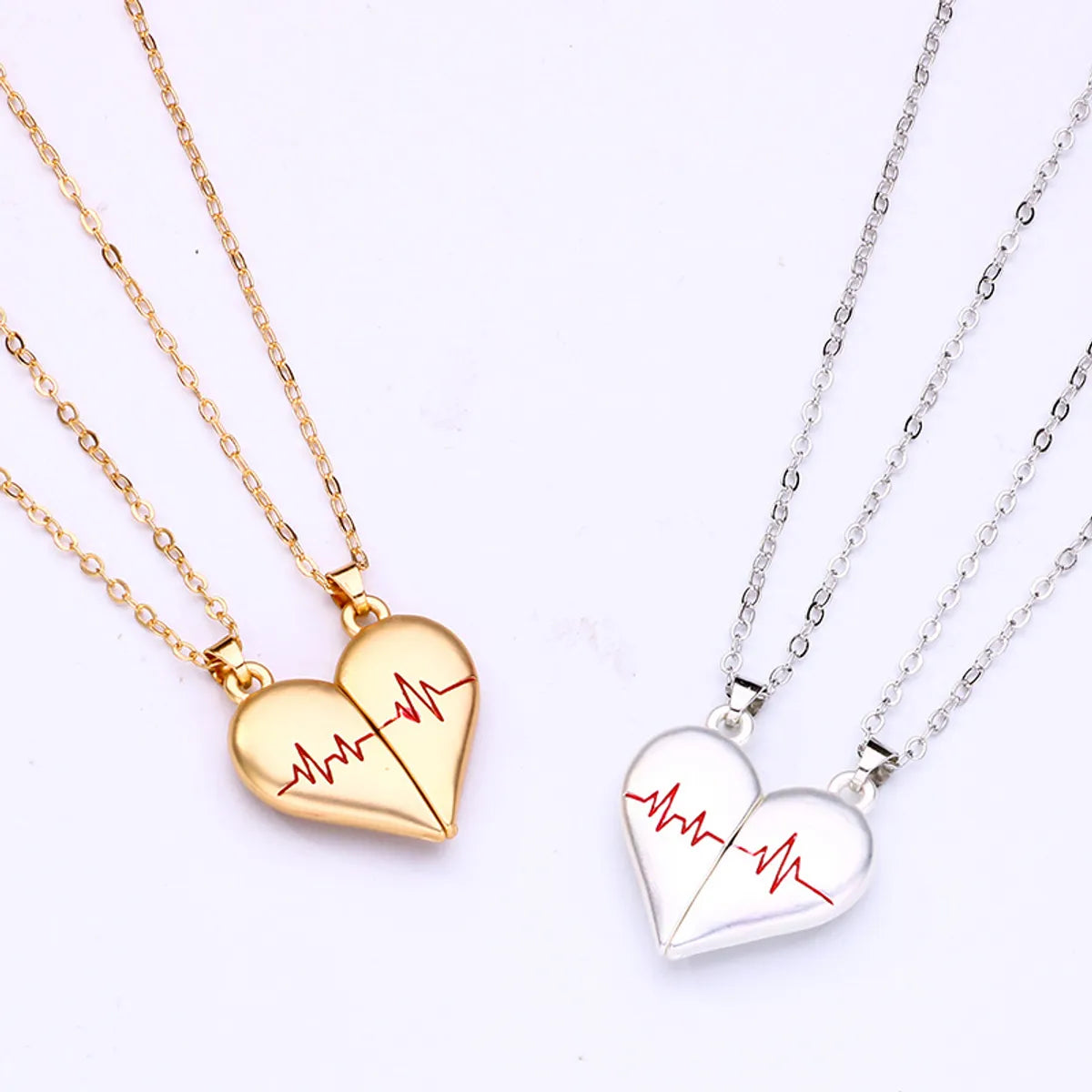 Simple Style Streetwear Electrocardiogram Heart Shape Alloy Plating Valentine'S Day Couple Pendant Necklace