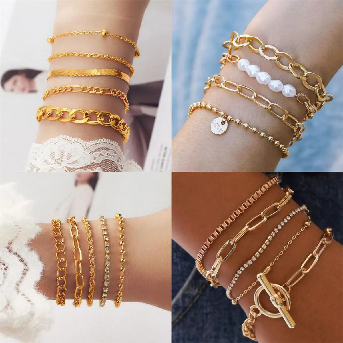 Simple Style Streetwear Round Heart Shape Solid Color 18k Gold Plated Silver Plated Rhinestones Zircon Alloy Iron Copper Wholesale Bracelets