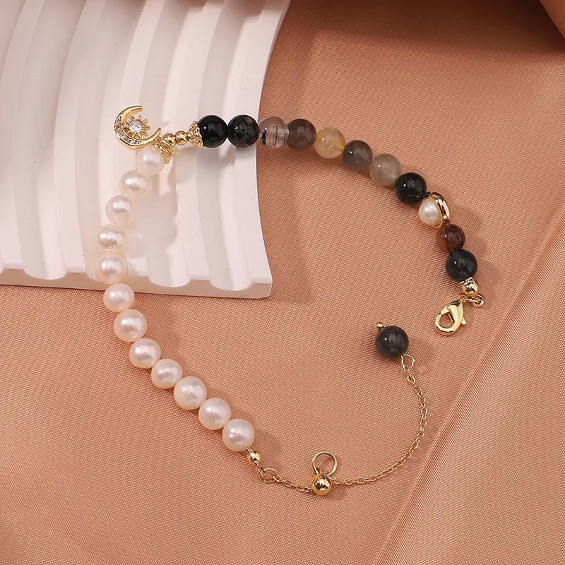 Simple Style Sun Moon Freshwater Pearl Obsidian Beaded Bracelets