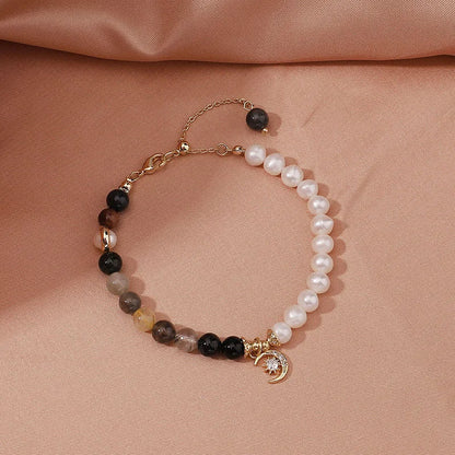 Simple Style Sun Moon Freshwater Pearl Obsidian Beaded Bracelets