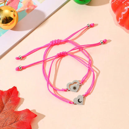 Simple Style Sun Moon Heart Shape Stainless Steel Plastic Cotton Blend Knitting Polishing Couple Drawstring Bracelets