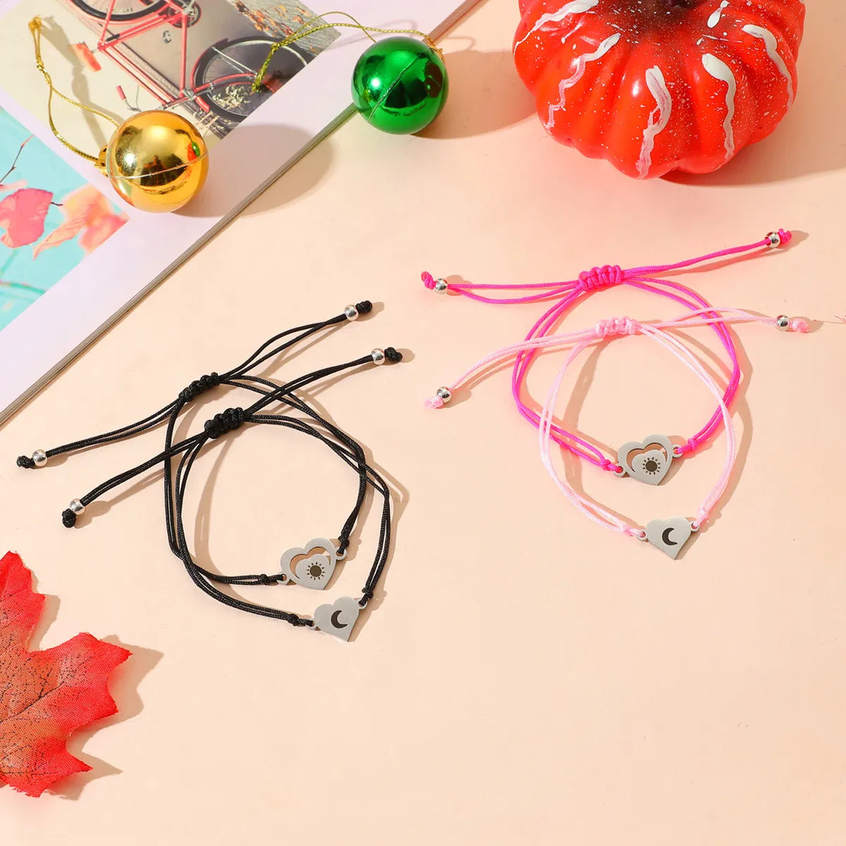 Simple Style Sun Moon Heart Shape Stainless Steel Plastic Cotton Blend Knitting Polishing Couple Drawstring Bracelets