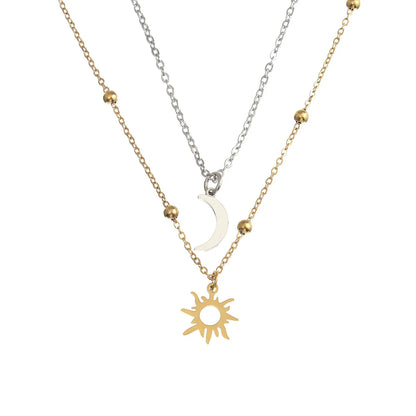 Wholesale Jewelry Simple Style Sun Moon 304 Stainless Steel 18K Gold Plated Double Layer Necklaces