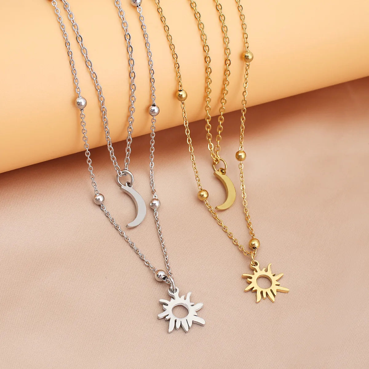 Wholesale Jewelry Simple Style Sun Moon 304 Stainless Steel 18K Gold Plated Double Layer Necklaces