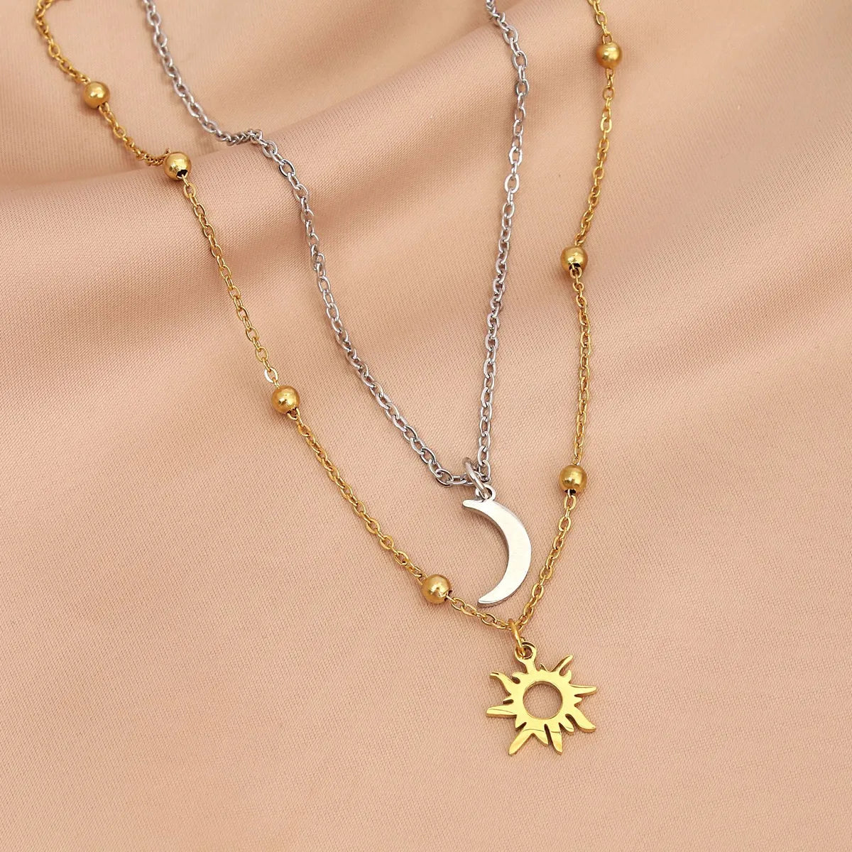 Wholesale Jewelry Simple Style Sun Moon 304 Stainless Steel 18K Gold Plated Double Layer Necklaces