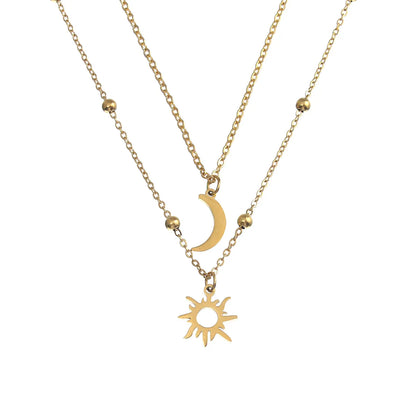 Wholesale Jewelry Simple Style Sun Moon 304 Stainless Steel 18K Gold Plated Double Layer Necklaces