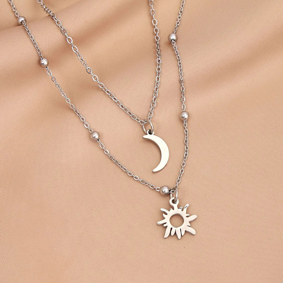 Wholesale Jewelry Simple Style Sun Moon 304 Stainless Steel 18K Gold Plated Double Layer Necklaces