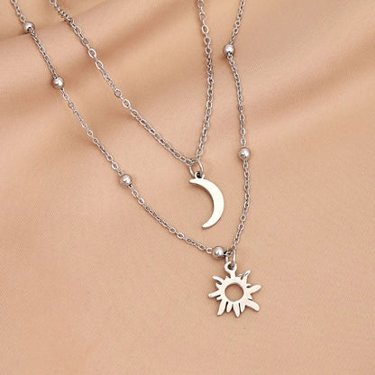 Wholesale Jewelry Simple Style Sun Moon 304 Stainless Steel 18K Gold Plated Double Layer Necklaces