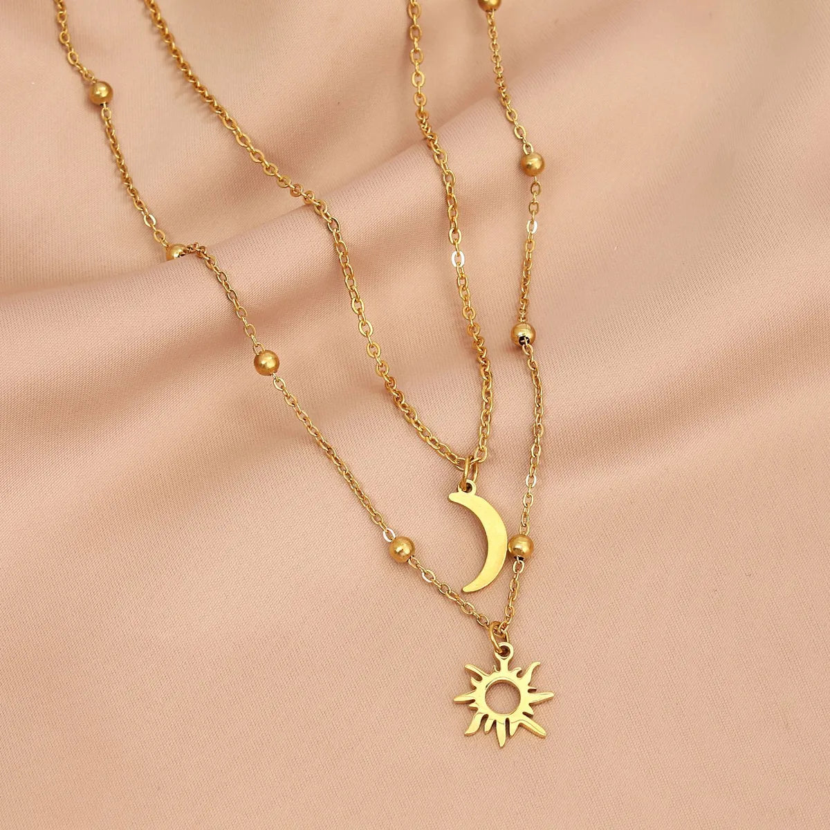 Wholesale Jewelry Simple Style Sun Moon 304 Stainless Steel 18K Gold Plated Double Layer Necklaces