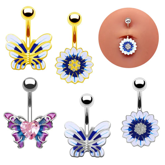 Simple Style Sunflower Heart Shape Butterfly Stainless Steel Alloy Copper Epoxy Flowers Butterfly Rhinestones Copper Zircon White Gold Plated Belly Ring