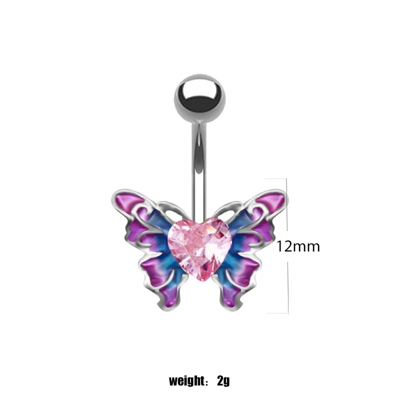 Simple Style Sunflower Heart Shape Butterfly Stainless Steel Alloy Copper Epoxy Flowers Butterfly Rhinestones Copper Zircon White Gold Plated Belly Ring