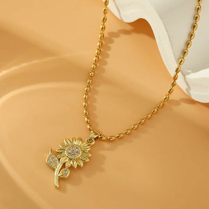 Simple Style Sunflower Stainless Steel Copper Plating Inlay Zircon 18k Gold Plated Pendant Necklace