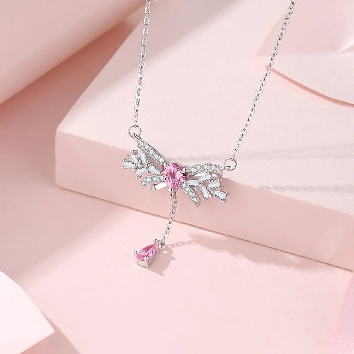 Simple Style Tassel Bow Knot Sterling Silver Inlay Zircon Pendant Necklace