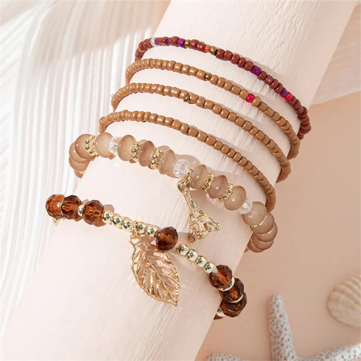 Simple Style Tower Leaves Artificial Crystal Alloy Beaded Layered Women's Bracelets