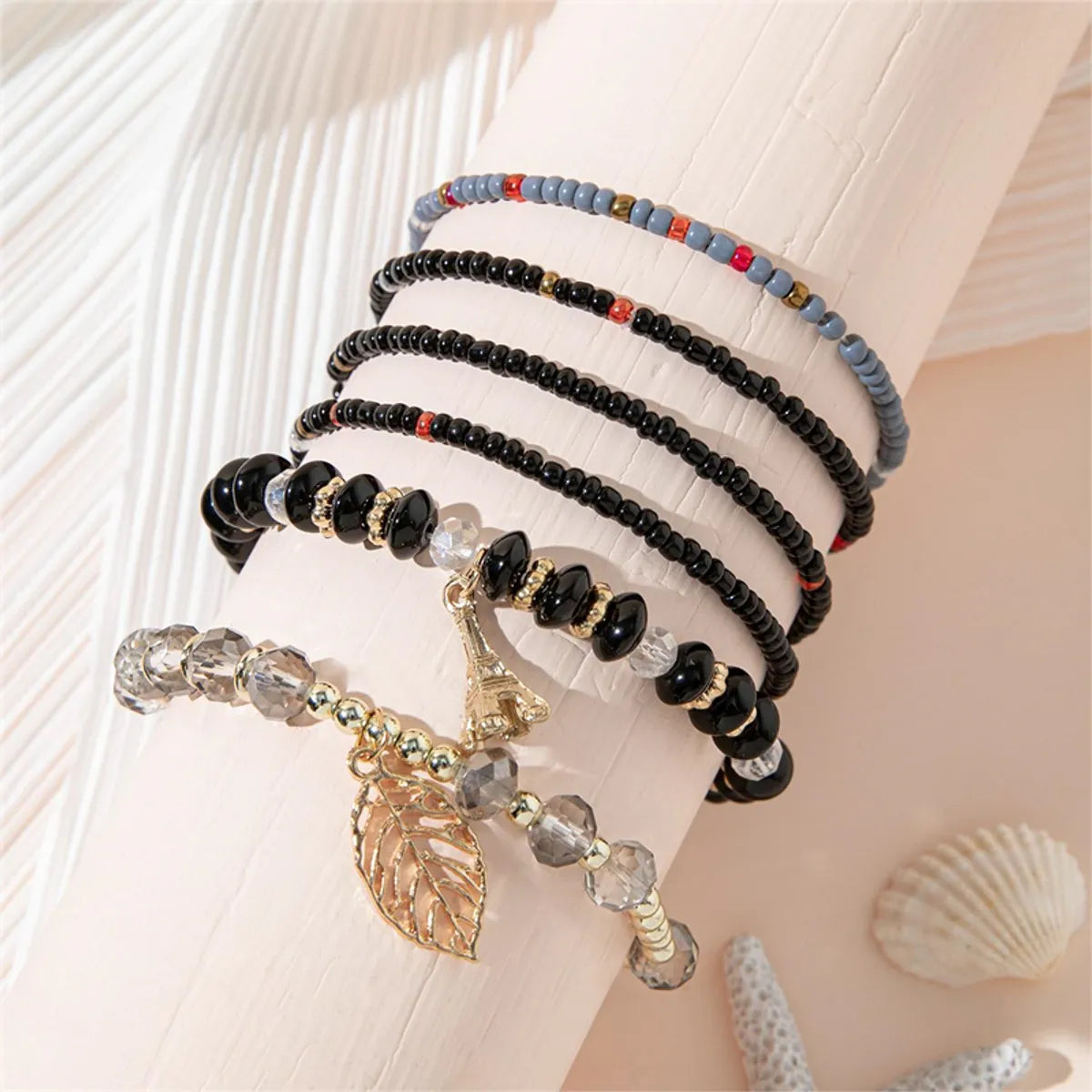 Simple Style Tower Leaves Artificial Crystal Alloy Beaded Layered Women's Bracelets