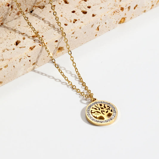 Simple Style Tree Stainless Steel Plating Inlay Rhinestones 14k Gold Plated Pendant Necklace