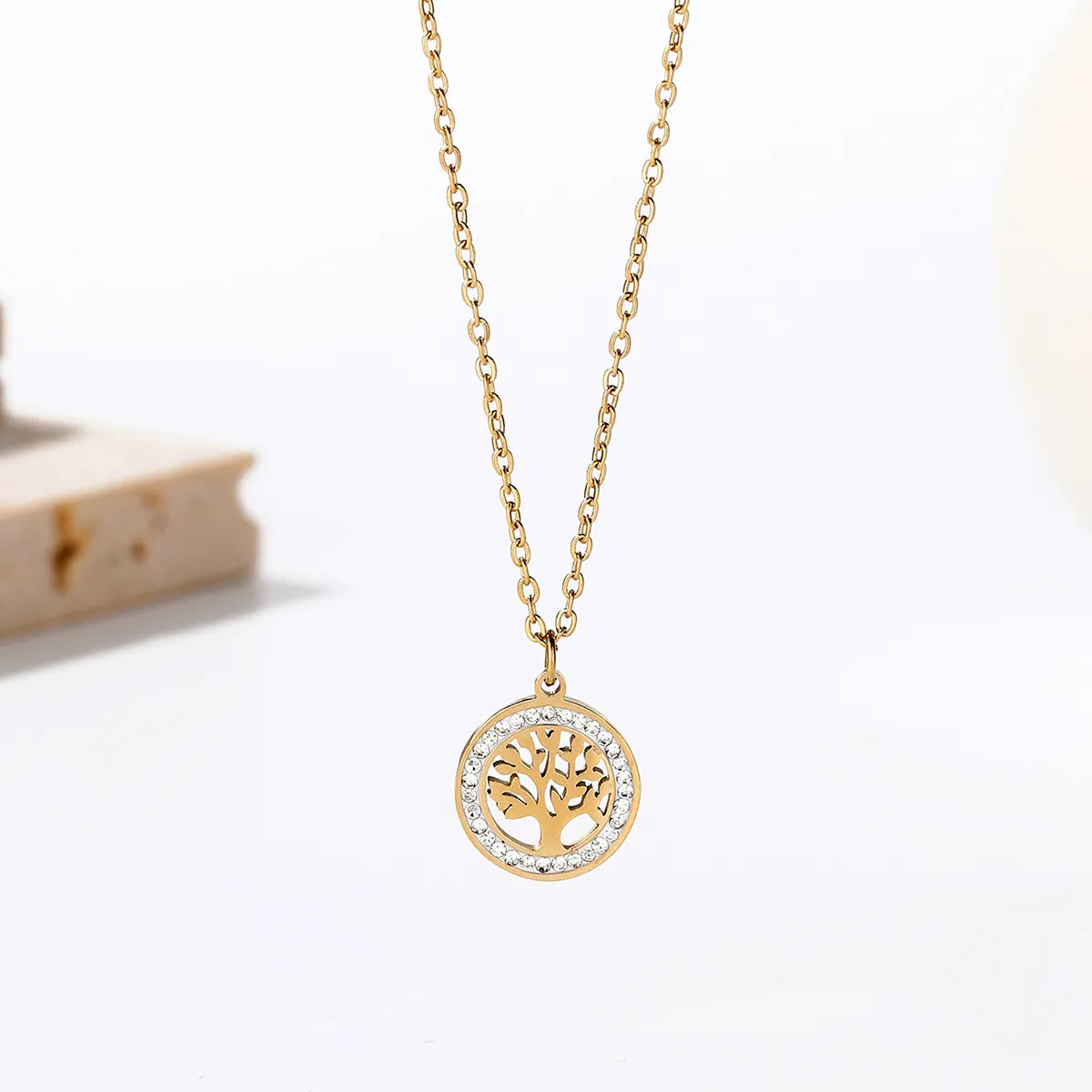 Simple Style Tree Stainless Steel Plating Inlay Rhinestones 14k Gold Plated Pendant Necklace