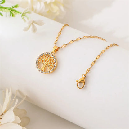 Simple Style Tree Stainless Steel Titanium Steel Plating Inlay Zircon 18k Gold Plated Pendant Necklace