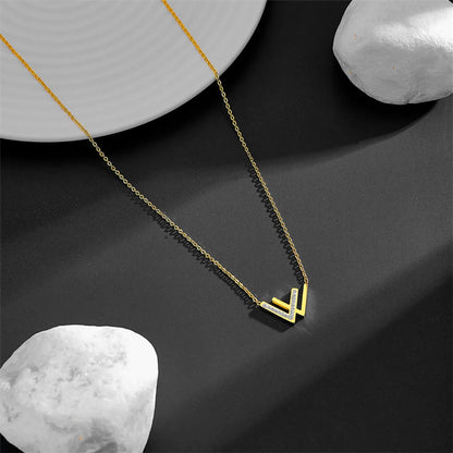 Simple Style V Shape Titanium Steel Inlay Zircon 18k Gold Plated Necklace