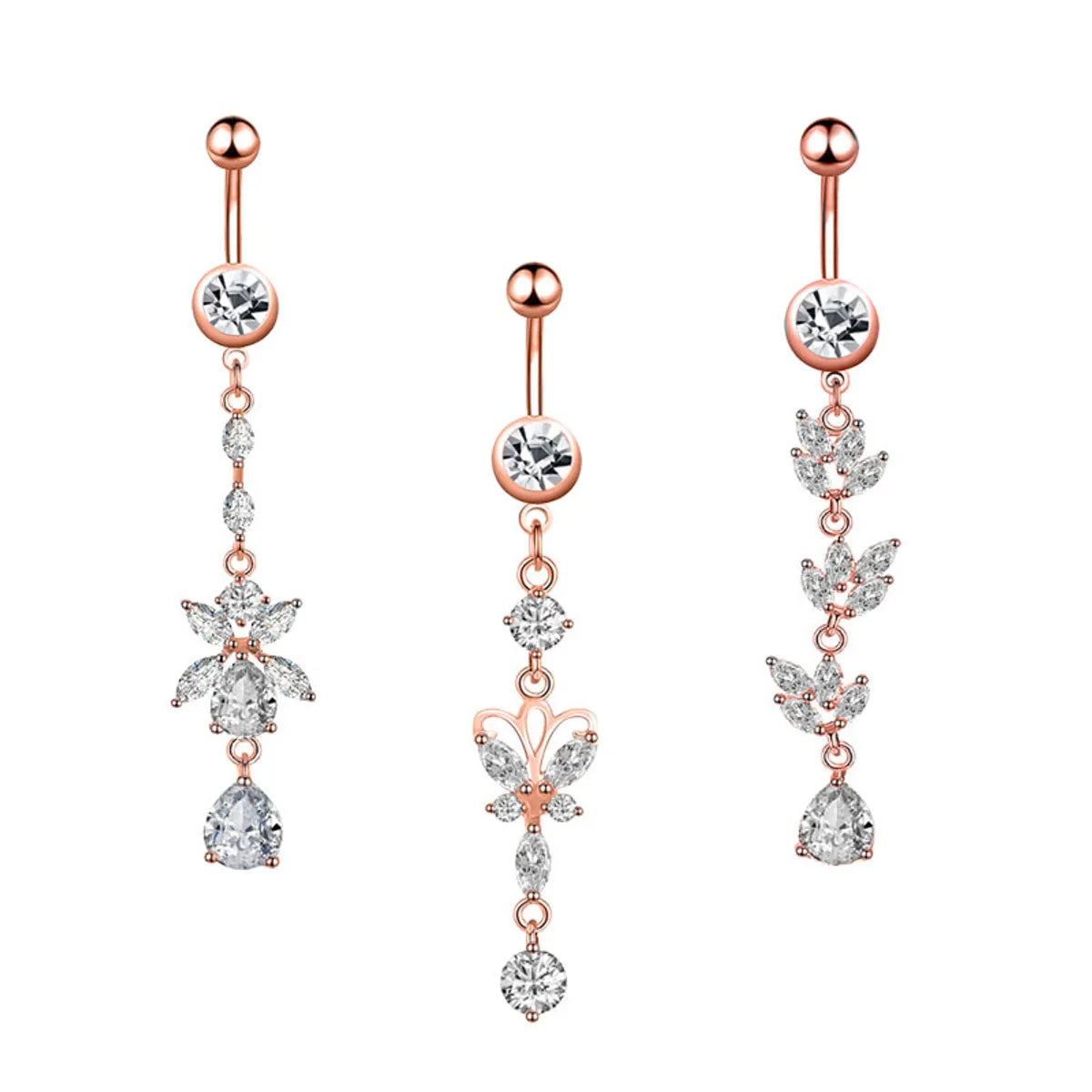 Simple Style Water Droplets Flower Butterfly Stainless Steel Inlay Zircon Women's Belly Ring