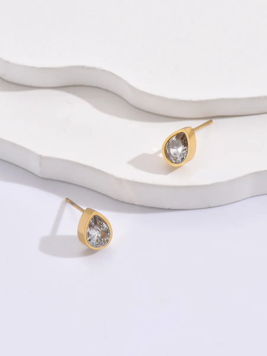 Simple Style Water Droplets Mixed Materials Ear Studs Plating Inlay Artificial Diamond Stainless Steel Earrings