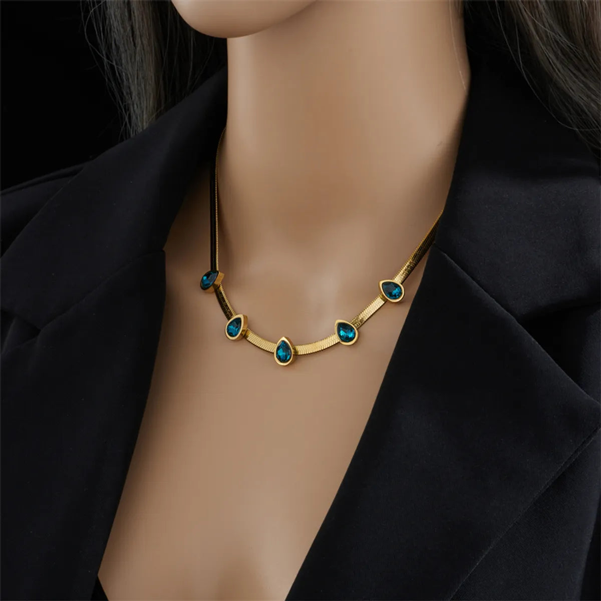 Simple Style Water Droplets Stainless Steel Necklace Gold Plated Artificial Gemstones Stainless Steel Necklaces