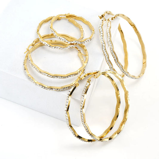 Simple Style Waves Plating 304 Stainless Steel Rhinestones 18K Gold Plated Hoop Earrings