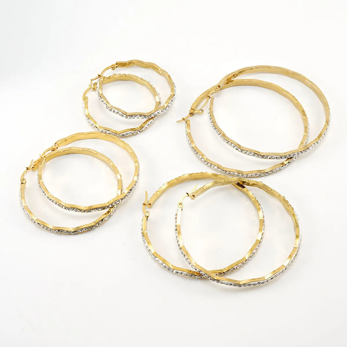 Simple Style Waves Plating 304 Stainless Steel Rhinestones 18K Gold Plated Hoop Earrings