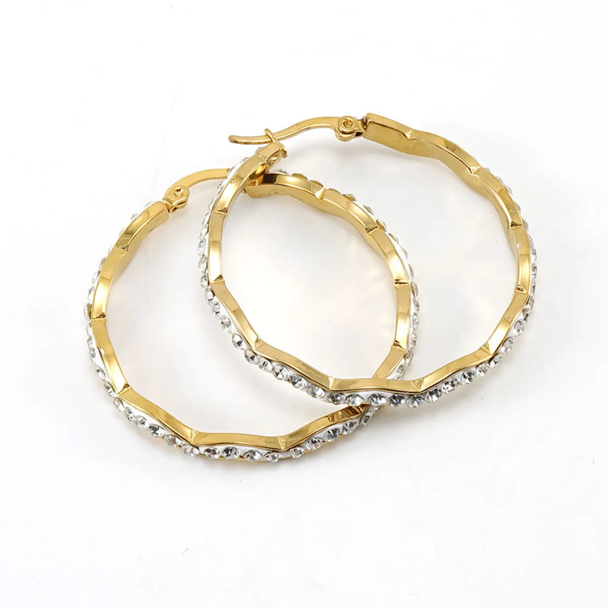 Simple Style Waves Plating 304 Stainless Steel Rhinestones 18K Gold Plated Hoop Earrings