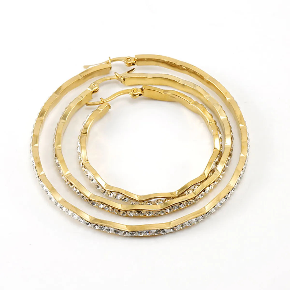 Simple Style Waves Plating 304 Stainless Steel Rhinestones 18K Gold Plated Hoop Earrings