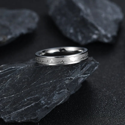 Simple Titanium Steel Electrocardiogram Couple Rings