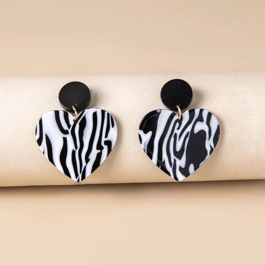 Simple Zebra Print Black White Heart Geometric Leopard Spots Acrylic Earrings