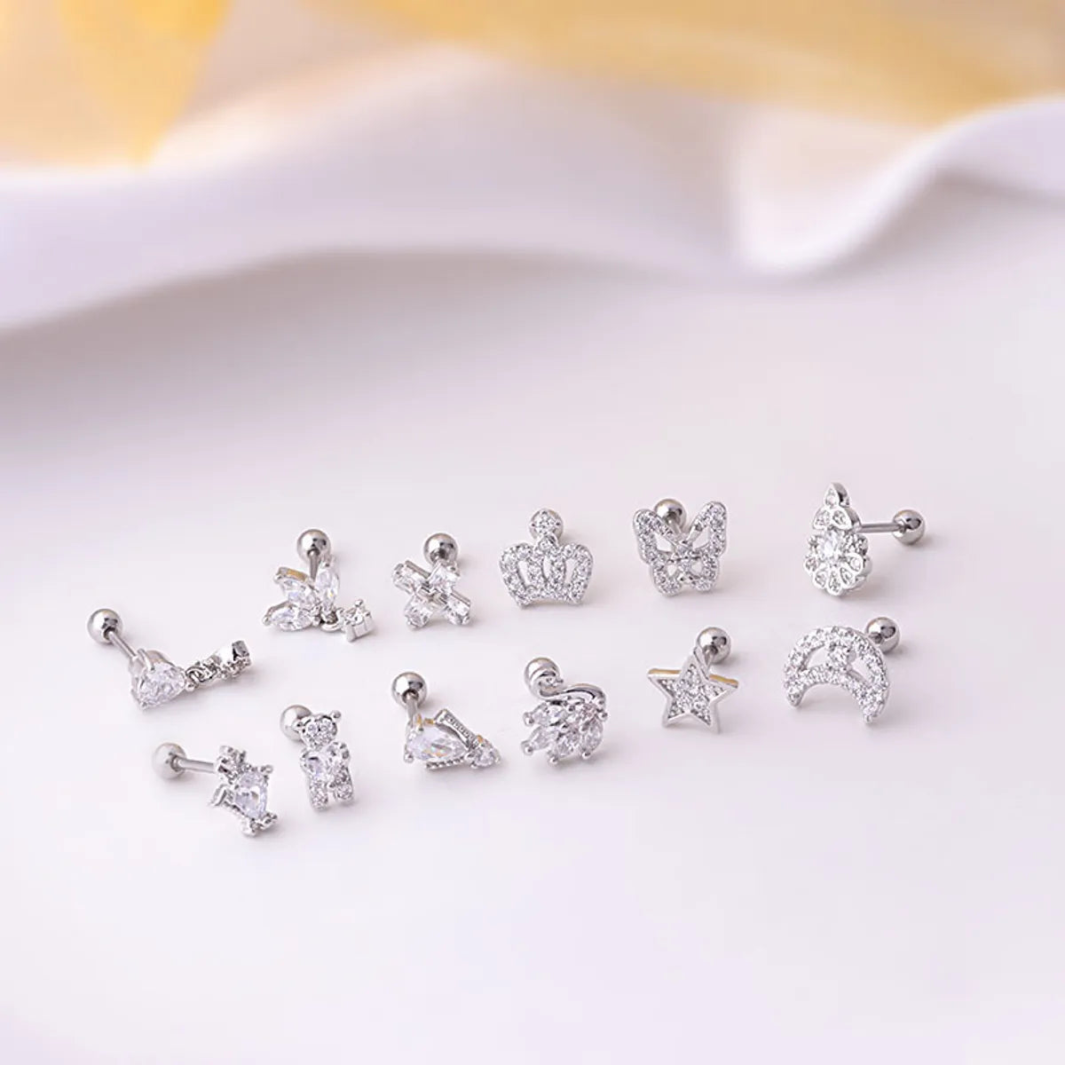 Single Titanium Steel Thin Rod Zircon Butterfly Crown Star Moon Screw Stud Earrings