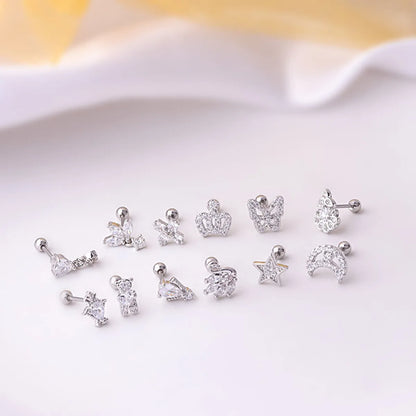 Single Titanium Steel Thin Rod Zircon Butterfly Crown Star Moon Screw Stud Earrings